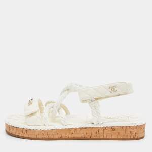 Pre Owned Chanel Ivory Cord and Leather Cork Flat Slingback Sandals Size 41