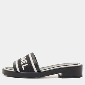 Chanel White/Black Leather and Canvas CC Logo Flat Slides Size 39