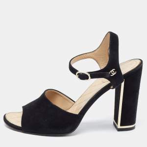 Chanel Black Suede CC Ankle Strap Sandals Size 39