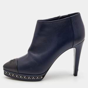 Chanel Navy Blue/Black Leather Cap Toe Ankle Boots Size 38.5
