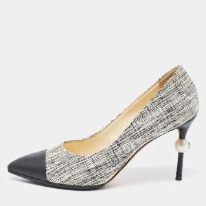 Chanel Black/White Tweed And Leather Cap Toe CC Pearl Heel Pumps Size 39