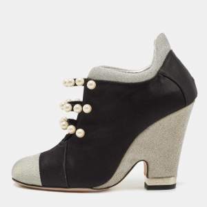 Chanel Black/Grey Satin and Mesh Faux Pearl Embellished Ankle Booties Size 37.5