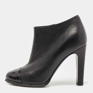 Chanel Black Leather and Patent CC Cap Toe Crystal Embellished Ankle Booties Size 37