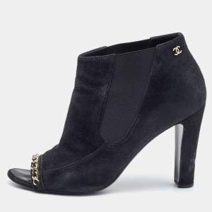 Chanel Black Suede Chain Detail Open Toe Booties Size 40.5