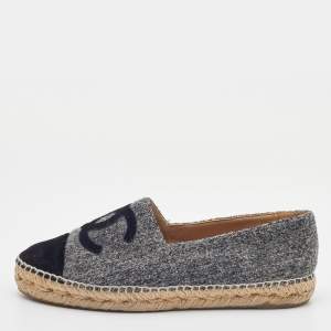 Pre Owned Chanel Grey/Black Tweed and Velvet Cap Toe CC Espadrille Flats Size 39