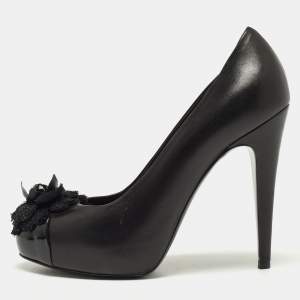 Chanel Black Leather CC Camellia Cap Toe Pumps Size 37