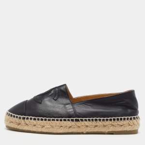 Chanel Black Leather CC Cap Toe Espadrille Flats Size 39