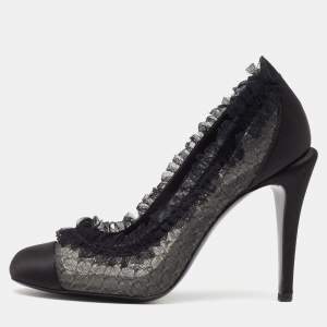 Pre Owned Chanel Black Lace and Satin CC Round Toe Pumps Size 37