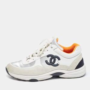 Chanel Grey/White Suede and Leather CC Low Top Sneakers Size 39.5