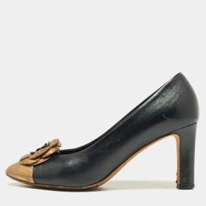 Pre Owned Chanel Black/Gold Leather and Python Embossed Cap Toe CC Camellia Pumps Size 37.5