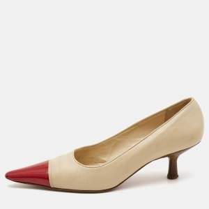 Pre Owned Chanel Beige/Red Patent and Leather Pointed Toe Pumps Size  38.5