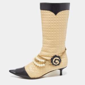 Chanel Beige/Black Leather Cap Toe Midcalf Boots Size 39