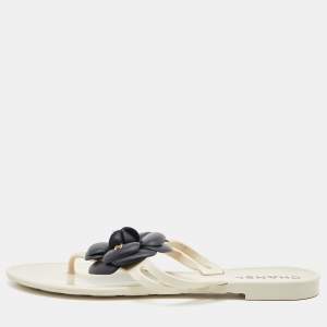 Chanel Cream/Black Jelly Camellia Thong Sandals Size 37