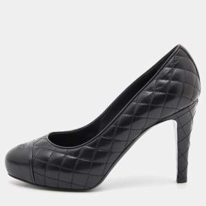 Chanel Black Quilted Leather CC Cap Toe Pumps Size 37