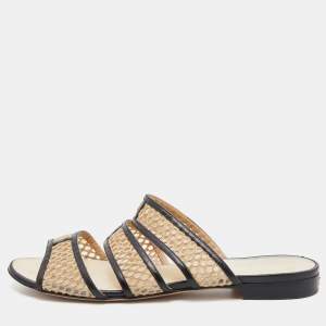 Pre Owned Chanel Beige/Black Mesh and Black Leather Trim Slide Flats Size 37