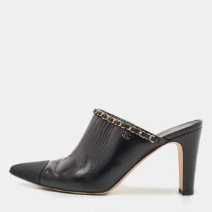 Chanel Black Leather  CC Logo Mules Size 39 