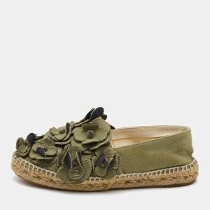 Chanel Green Canvas Camelia Espadrille Flats Size 37