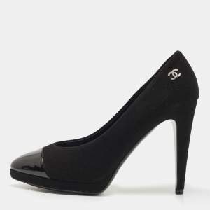 Pre Owned Chanel Black Suede and Patent Leather CC Platform Pumps Size 39