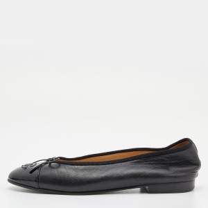 Pre Owned Chanel Black Leather and Patent CC Cap Toe Bow Ballet Flats Size 39