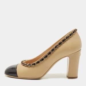 Pre Owned Chanel Beige/Black Leather and Patent Cap Toe Chain Trim CC Pumps Size 36.5