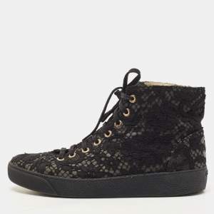 Pre Owned Chanel Black Lace CC High Top Sneakers Size 38