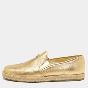 Pre Owned Chanel Metallic Gold Leather CC Slip On Espadrilles Flats Size 39.5