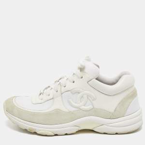 Chanel Grey/White Suede and Fabric CC  Low Top Sneakers Size 38.5