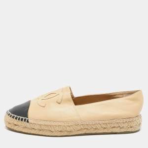 Chanel Black/Beige Leather CC  Espadrille Flats Size 38