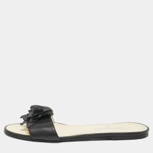 Chanel Black Leather CC Camelia Flat Slides Size 39