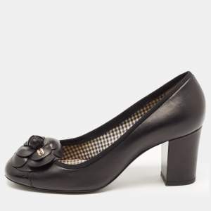 Chanel Black Leather Camellia CC Cap Toe Block Heel Pumps Size 38