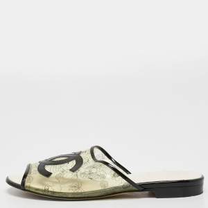 Chanel Transparent/Black PVC and Patent Leather CC Flat Slides Size 39