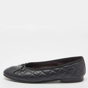 Chanel Black Quilted Leather CC Bow Ballet Flats Size 36.5