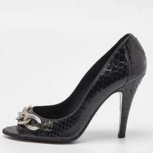 Pre Owned Chanel Black Python CC Chain Detail Peep Toe Pumps Size 37
