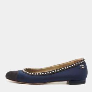 Pre Owned Chanel Navy Blue Satin Pearl Embellished Cap Toe Ballet Flats Size 40