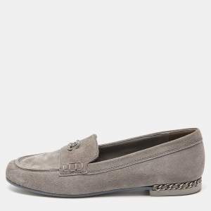 Pre Owned Chanel Grey Suede CC Chain Loafers Size 40