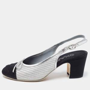 Chanel Silver/Black Canvas and Leather CC Slingback Pumps Size 36.5