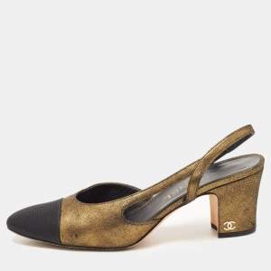 Pre Owned Chanel Metallic/Black Leather and Canvas CC Slingback Pumps Size 37
