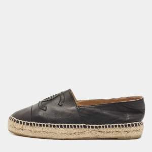 Chanel Black Leather CC Cap Toe Espadrilles Flats Size 38