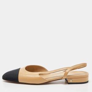 مملوكة مسبقًا Chanel Beige/Black Leather and Canvas CC Cap Toe Slingback Pumps Size 36