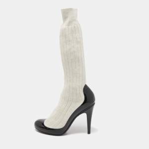 Chanel Two Tone Patent Leather and Fabric Sock CC Booties Size 37.5