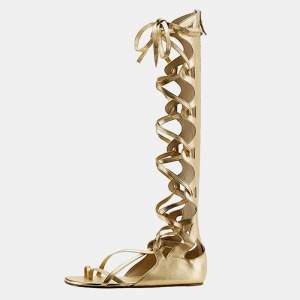 Chanel Metallic Gold Leather Gladiator Flat Sandals Size 36.5