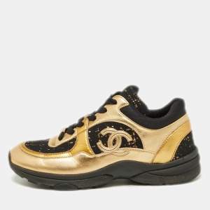 Chanel Gold/Black Leather and Tweed CC Low Top Sneakers Size 37