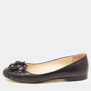 Pre Owned Chanel Black Leather CC Camelia Ballet Flats Size 41