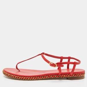 Chanel Red Leather CC Chain Flat Ankle Strap Sandals Size 41