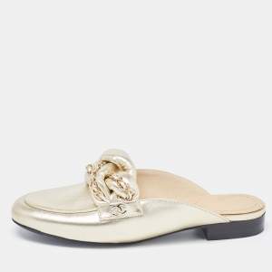 Chanel Gold Foil Leather Braided Chain Flat Mules Size 38.5