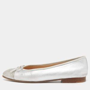 Chanel Silver Leather CC Cap Toe Ballet Flats Size 37