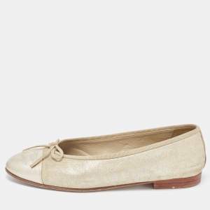 Chanel Metallic Gold Leather and Texture Suede CC Cap Toe Flats Size 37.5