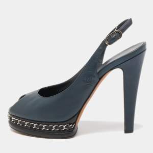 Chanel Navy Blue Leather CC Chain Detail Peep Toe Platform Slingback Sandals Size 38