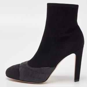 Chanel Black/Grey Quilted Suede CC Ankle Boots Size 42