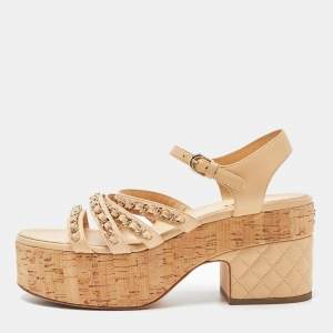 Chanel Beige Leather Chain Detail Ankle Strap Platform Sandals Size 42